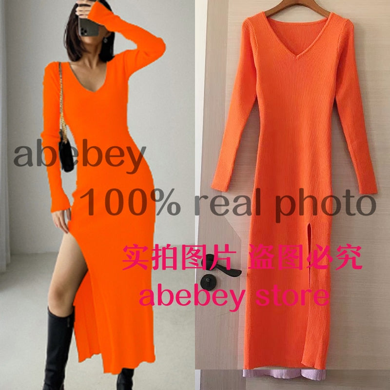 *New* TJ spring and winter sexy French slit sweater dress