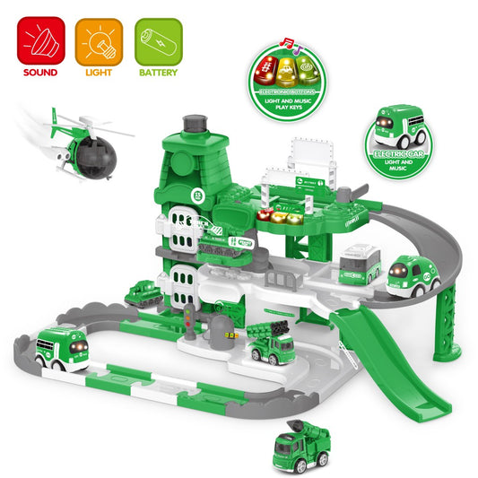 TJ Military Race Tracks For Boys Deluxe Garage With Toggle Switch And Music Button